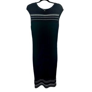 Eva Mendes Black Stretchy Midi Dress Cap Sleeve Fitted Bodycon White Detailing